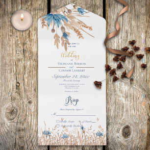 Rustic Blue Cornflowers & Wheat White No Dinner All In One Invitation