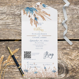 Rustic Blue Cornflowers & Wheat White QR Code All In One Invitation