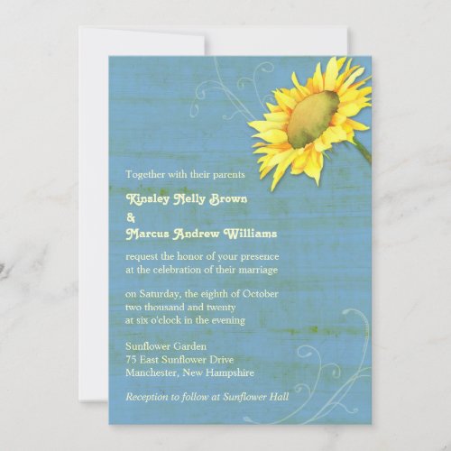 Rustic Blue Country Sunflower Wedding Invitations