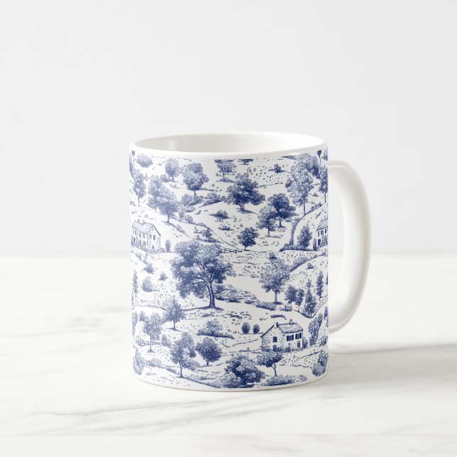 Rustic Blue Countryside Toile Pattern Coffee Mug (Front Right)