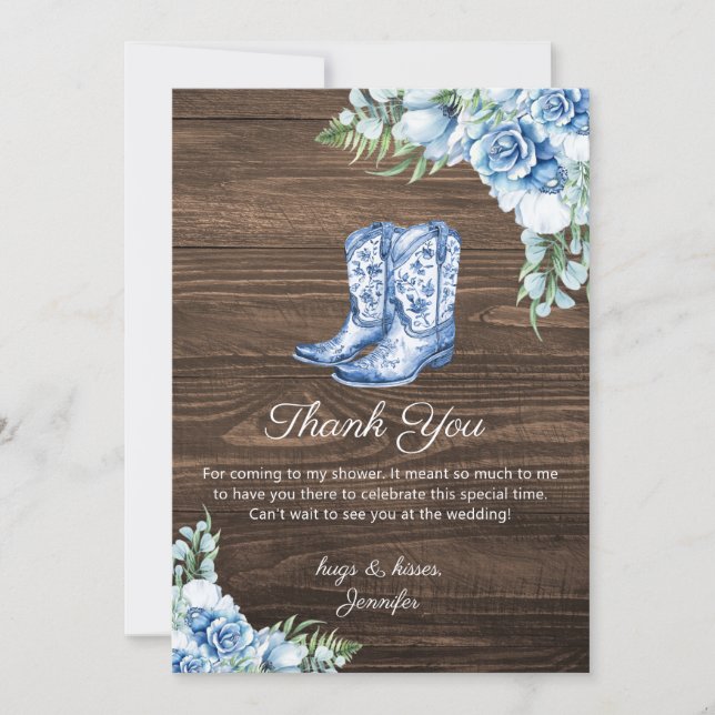 Rustic Blue Cowgirl Boots Bridal Shower Thank You  Note Card (Front)