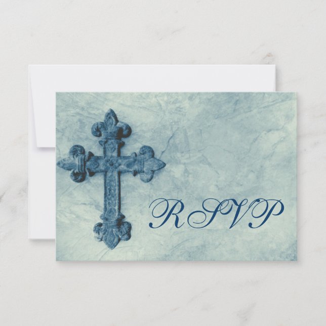 Rustic Blue Cross Distressed Wedding RSVP Cards (Front)