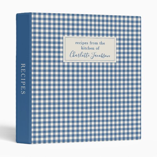 Rustic Blue Custom Gingham Plaid Monogram Recipe 3 Ring Binder