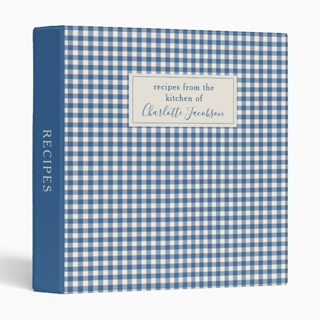 Rustic Blue Custom Gingham Plaid Monogram Recipe 3 Ring Binder (Front/Spine)