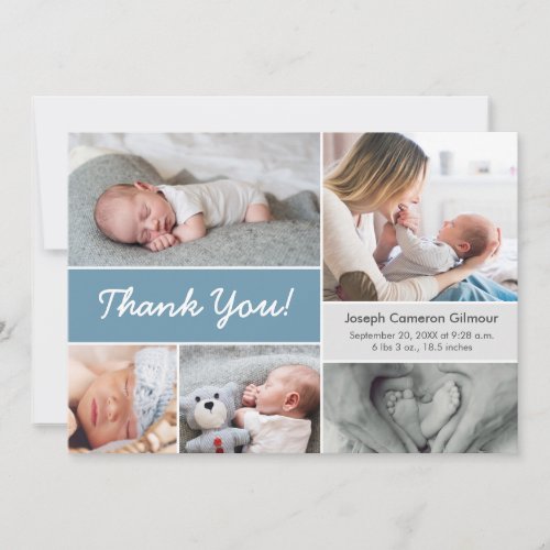 Rustic Blue Custom Photo Collage Baby Boy Birth  Thank You Card