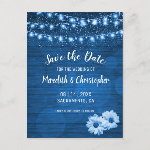 Rustic Blue  Daisy String Lights Save the Date Announcement Postcard