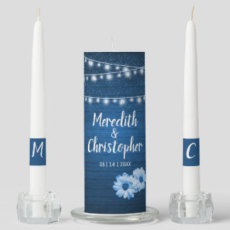 Rustic Blue Daisy Wood String Lights Wedding Unity Candle Set