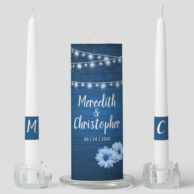 Rustic Blue Daisy Wood String Lights Wedding Unity Candle Set (Front)
