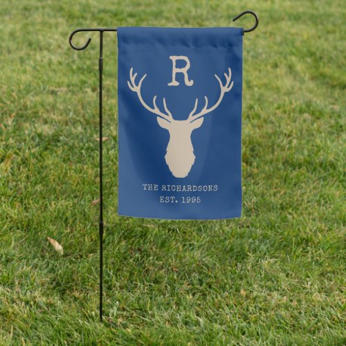 Rustic Blue Deer Antlers Family Name Garden Flag