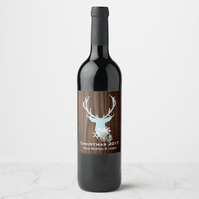 Rustic Blue Deer Head Christmas Wine Label (Front)