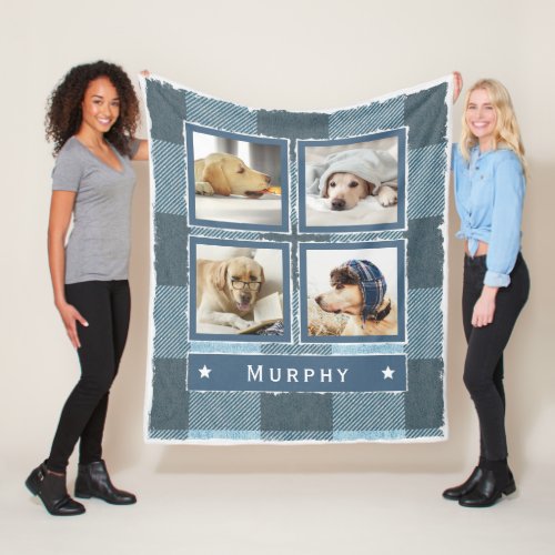 Rustic Blue Denim  Buffalo Plaid 4 Photo Dog Med Fleece Blanket