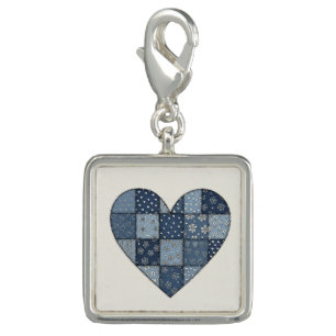 Rustic Blue Denim Patchwork Heart Illustration Charm
