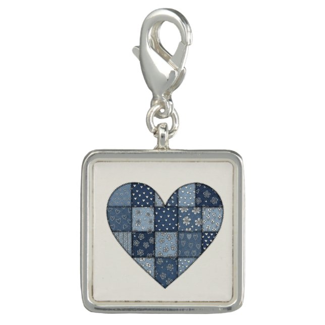 Rustic Blue Denim Patchwork Heart Illustration Charm (Front)