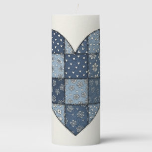 Rustic Blue Denim Patchwork Heart Illustration Pillar Candle