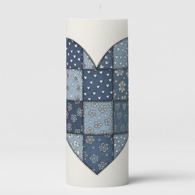 Rustic Blue Denim Patchwork Heart Illustration Pillar Candle (Front)