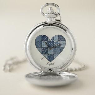 Rustic Blue Denim Patchwork Heart Illustration Pocket Watch