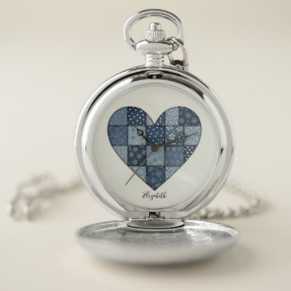 Rustic Blue Denim Patchwork Heart Illustration Pocket Watch
