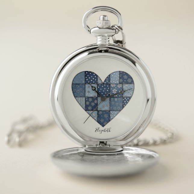 Rustic Blue Denim Patchwork Heart Illustration Pocket Watch (Inside)