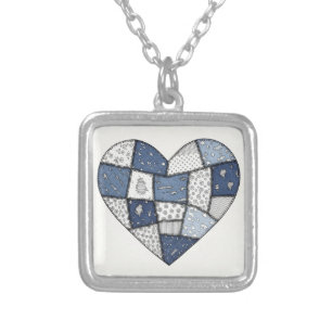 Rustic Blue Denim Patchwork Heart Illustration Silver Plated Necklace