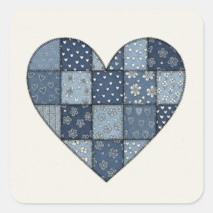 Rustic Blue Denim Patchwork Heart Illustration Square Sticker