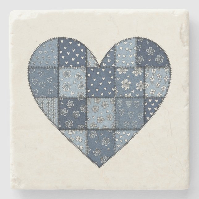 Rustic Blue Denim Patchwork Heart Illustration Stone Coaster (Front)