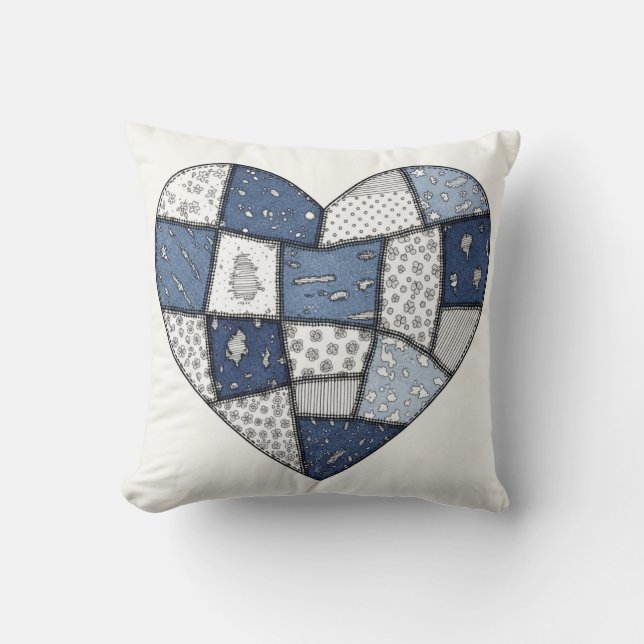 Rustic Blue Denim Patchwork Heart Illustration Throw Pillow (Front)