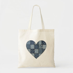 Rustic Blue Denim Patchwork Heart Illustration Tote Bag