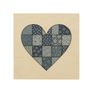 Rustic Blue Denim Patchwork Heart Illustration Wood Wall Art