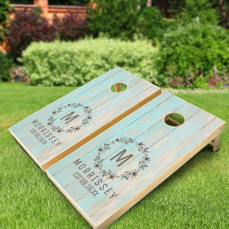 Rustic Blue Distressed Printed Wood Monogram Cornhole Set