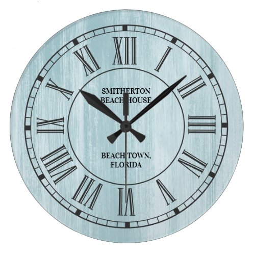 Rustic Blue Distressed Wood Roman Numerals Beach Large Clock