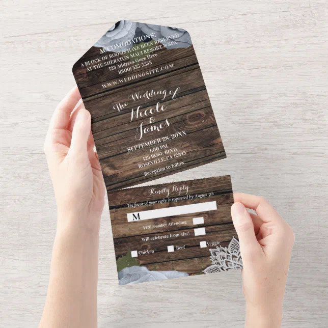 Rustic Blue Dusty Rose Vintage Lace Wedding All In One Invitation | Zazzle