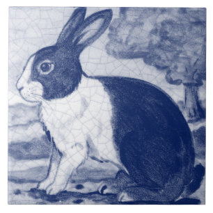 Rustic Blue Dutch Bunny Rabbit Delft Faces Left Ceramic Tile