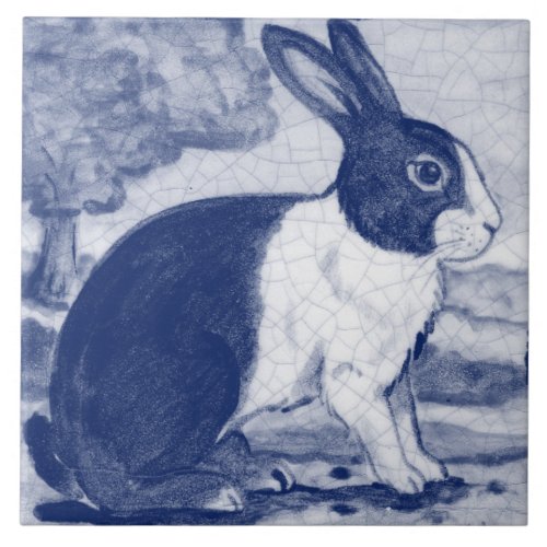 Rustic Blue Dutch Bunny Rabbit Delft Vintage Scene Ceramic Tile
