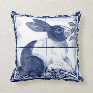 Rustic Blue Dutch Rabbit Dedham Delft Cottagecore Throw Pillow