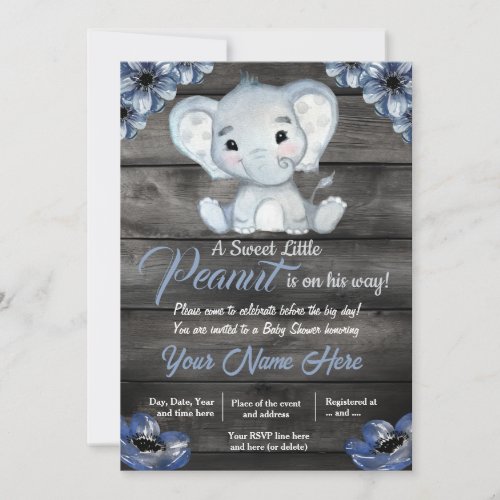 Rustic Blue Elephant Baby Shower Invitation 