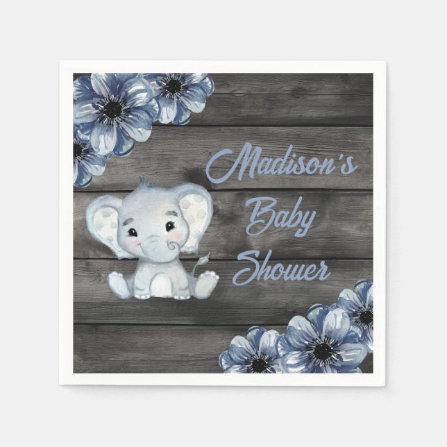 Rustic Blue Elephant Floral Wooden Napkins (Front)