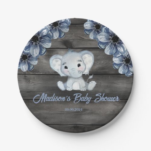 Rustic Blue Elephant Floral Wooden Paper Plates
