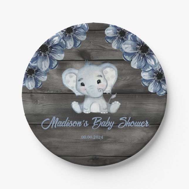 Rustic Blue Elephant Floral Wooden Paper Plates (Front)