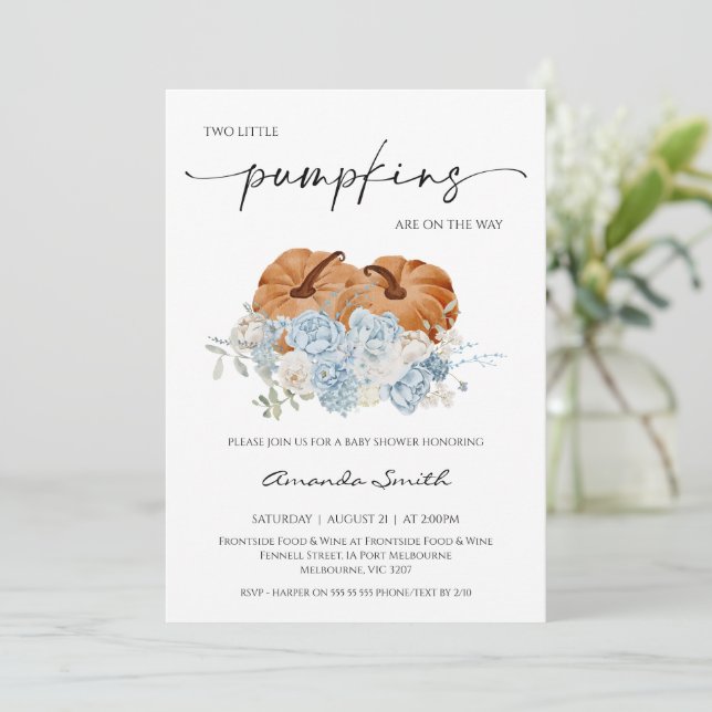 Rustic Blue Fall Twins Pumpkins Baby Shower Invitation (Standing Front)