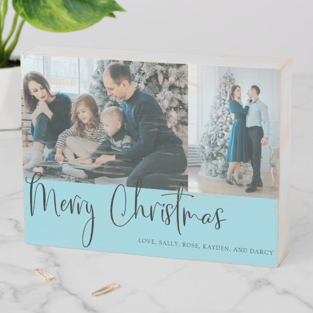 Rustic Blue Family Christmas Photo Wooden Box Sign (In Situ Horizontal)