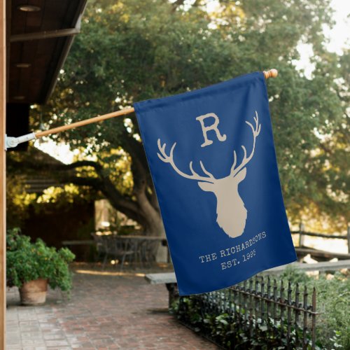 Rustic Blue Family Monogram Deer Antlers Cabin House Flag