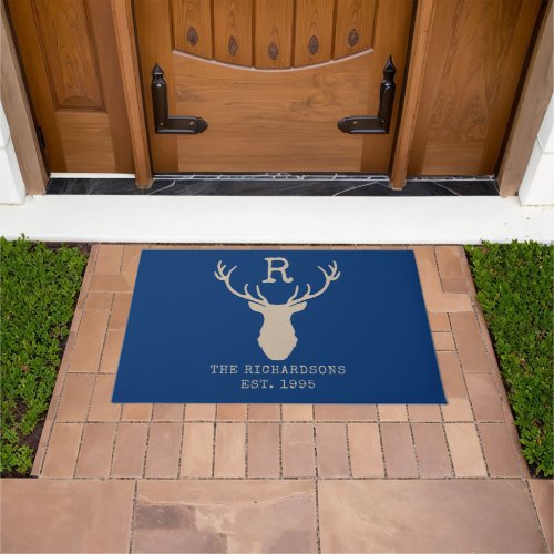 Rustic Blue Family Monogram Deer Antlers Doormat