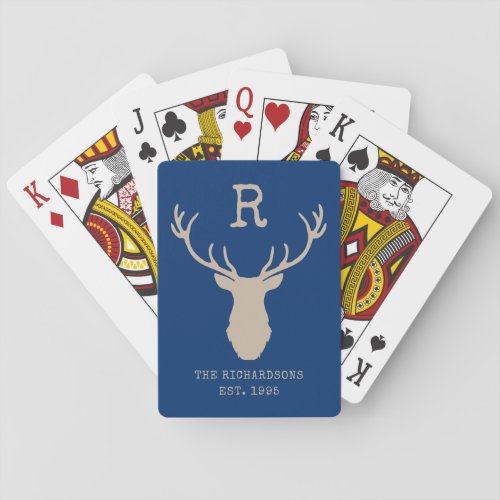 Rustic Blue Family Monogram Deer Antlers Poker Cards
