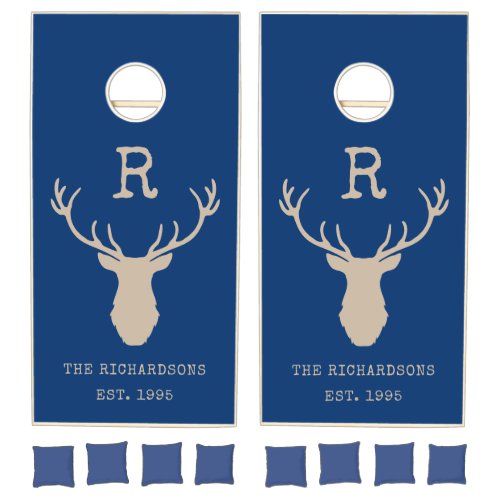 Rustic Blue Family Monogram Deer Lake Cabin Cornhole Set