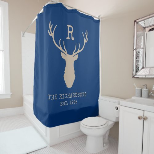 Rustic Blue Family Name Deer Antlers Monogram Shower Curtain