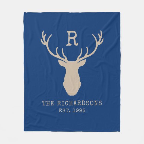 Rustic Blue Family Name Deer Monogram Fleece Blanket