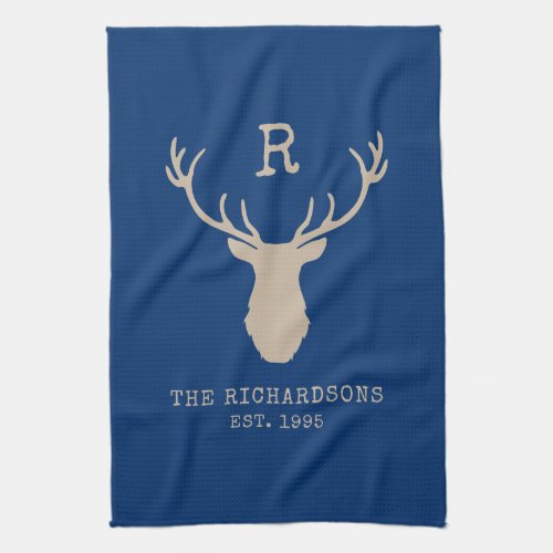 Rustic Blue Family Name Deer Monogram Kitchen Towel