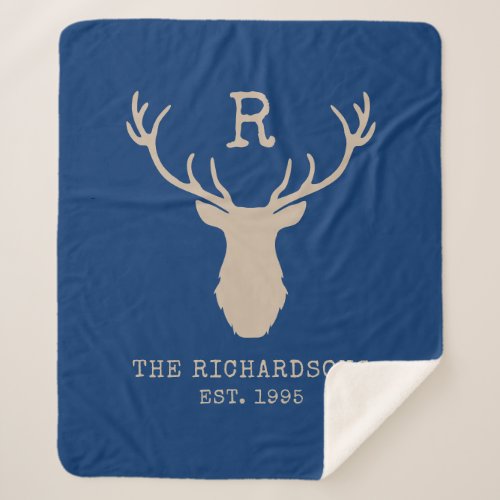 Rustic Blue Family Name Deer Monogram Sherpa Blanket