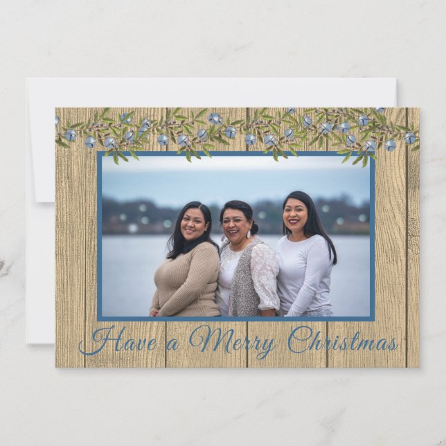 Rustic Blue Family Photo Merry Christmas Holiday Card (Front)