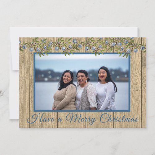 Rustic Blue Family Photo Merry Christmas Holiday Card